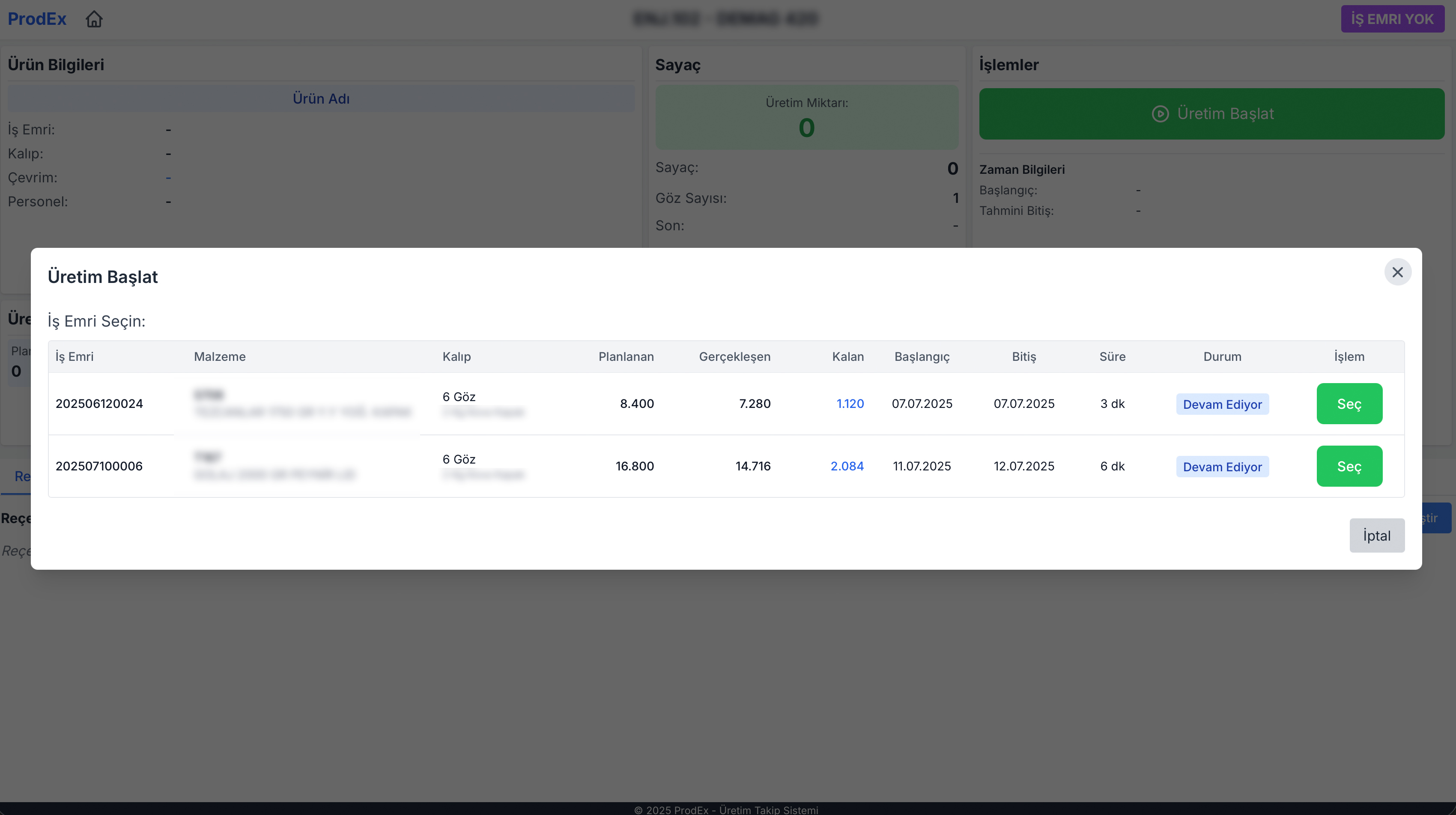 Production Start Screen